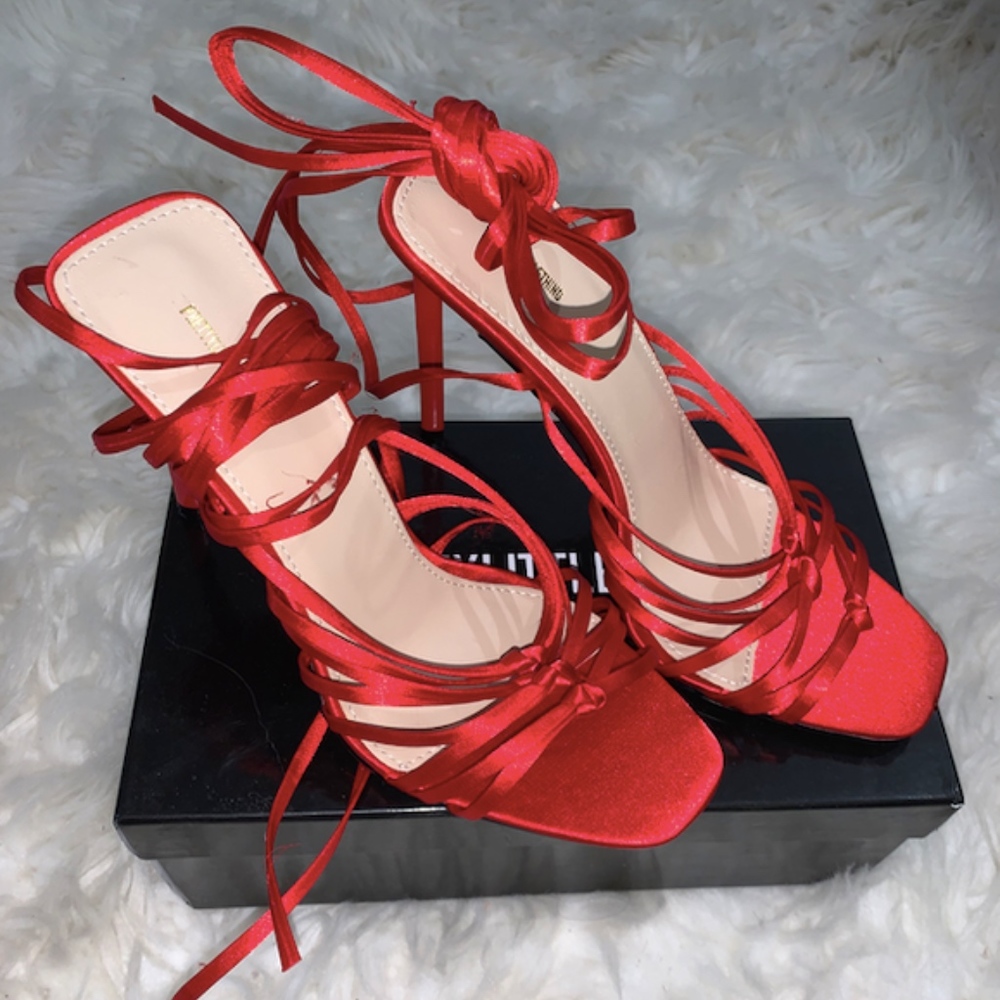 Red satin lace strap up heels
